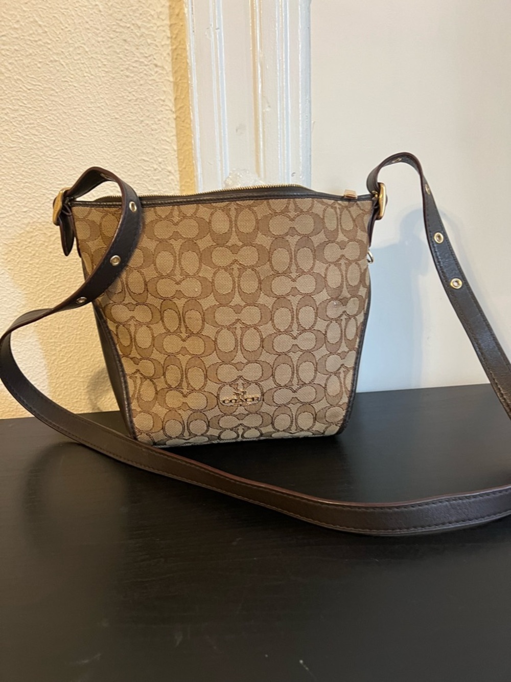Authentic COACH Small Dufflette Signature Jacquard Crossbody Bag Brown Gold